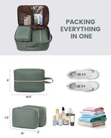Bean Green 40L Large Capacity Travel Business Backpack with Expandable Compartments, Including 2 Toiletry Bags and Shoe Bag - Durable Oxford Fabric - Top-Down View