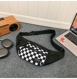 Black Patchwork Black and White Check Trendy Checkered Crossbody Bag - Color-Block Chest Bag for Men and Women, Lightweight Nylon Waist Bag - Side View
