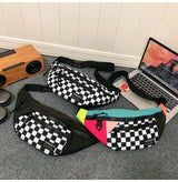 Black Patchwork Black and White Check Trendy Checkered Crossbody Bag - Color-Block Chest Bag for Men and Women, Lightweight Nylon Waist Bag - Top-Down View