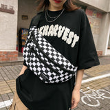 Black and White Check Trendy Checkered Crossbody Bag - Color-Block Chest Bag for Men and Women, Lightweight Nylon Waist Bag - Front View