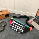 Multi-Coloured Patchwork Black and White Check Trendy Checkered Crossbody Bag - Color-Block Chest Bag for Men and Women, Lightweight Nylon Waist Bag - Side View