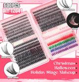 600 Eyelashes Set DIY Lash Clusters Kit - High-Capacity 4 Styles with Black and Colorful Lashes - 45-Degree Angle