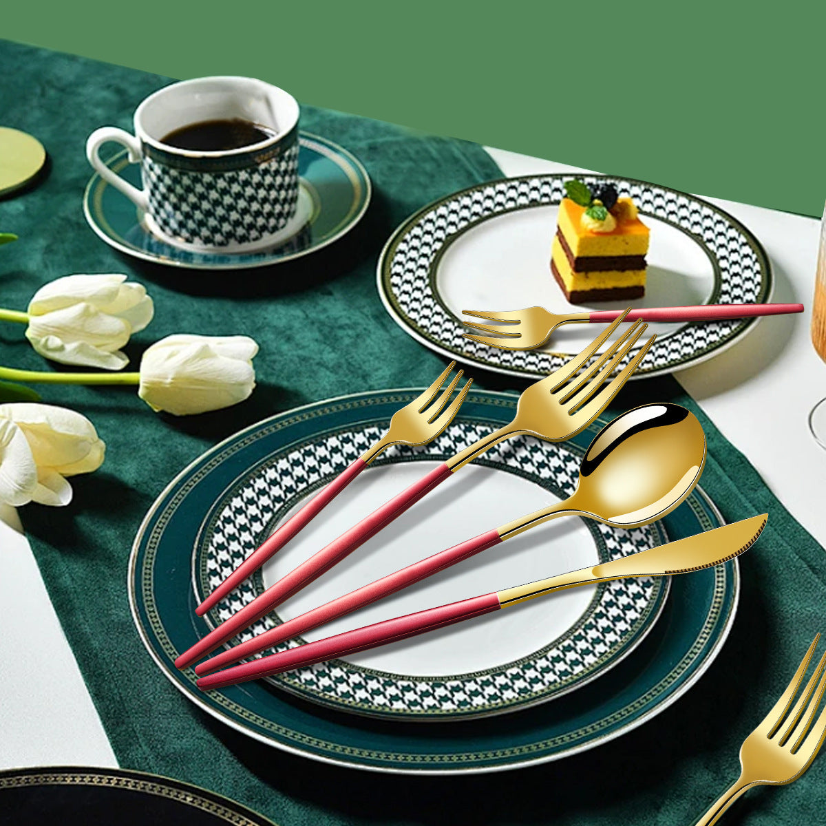 Green And Gold Patchwork Colours 410 Stainless Steel 16-Piece Flatware Set ??Elegant Dinnerware with Knife Fork Spoon for 4 People