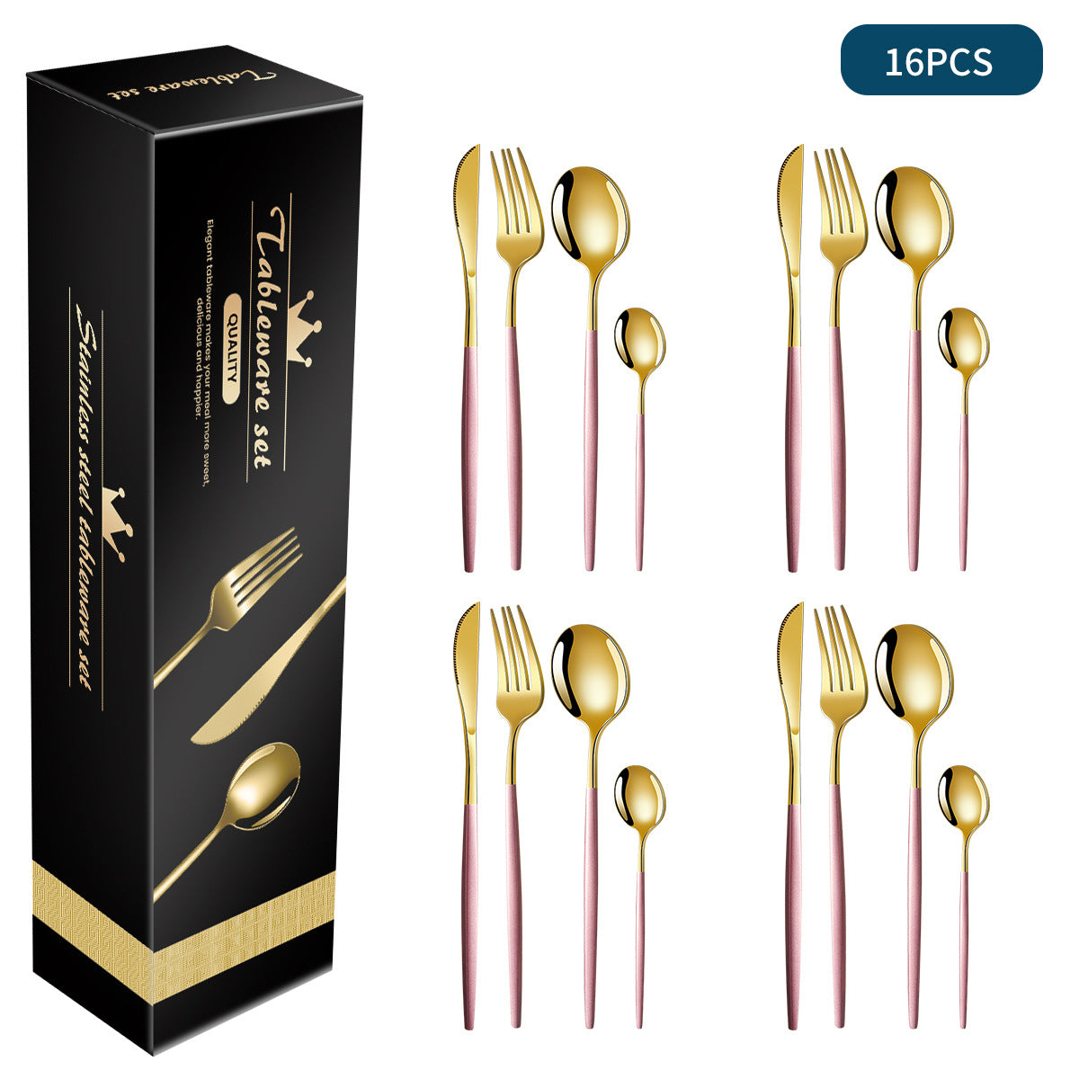 Pink And Gold Patchwork Colours 410 Stainless Steel 16-Piece Flatware Set - Elegant Dinnerware with Knife Fork Spoon for 4 People