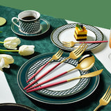Pink And Gold Patchwork Colours 410 Stainless Steel 16-Piece Flatware Set - Elegant Dinnerware with Knife Fork Spoon for 4 People - Top-Down View