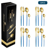 Blue And Gold Patchwork Colours 410 Stainless Steel 16-Piece Flatware Set - Elegant Dinnerware with Knife Fork Spoon for 4 People