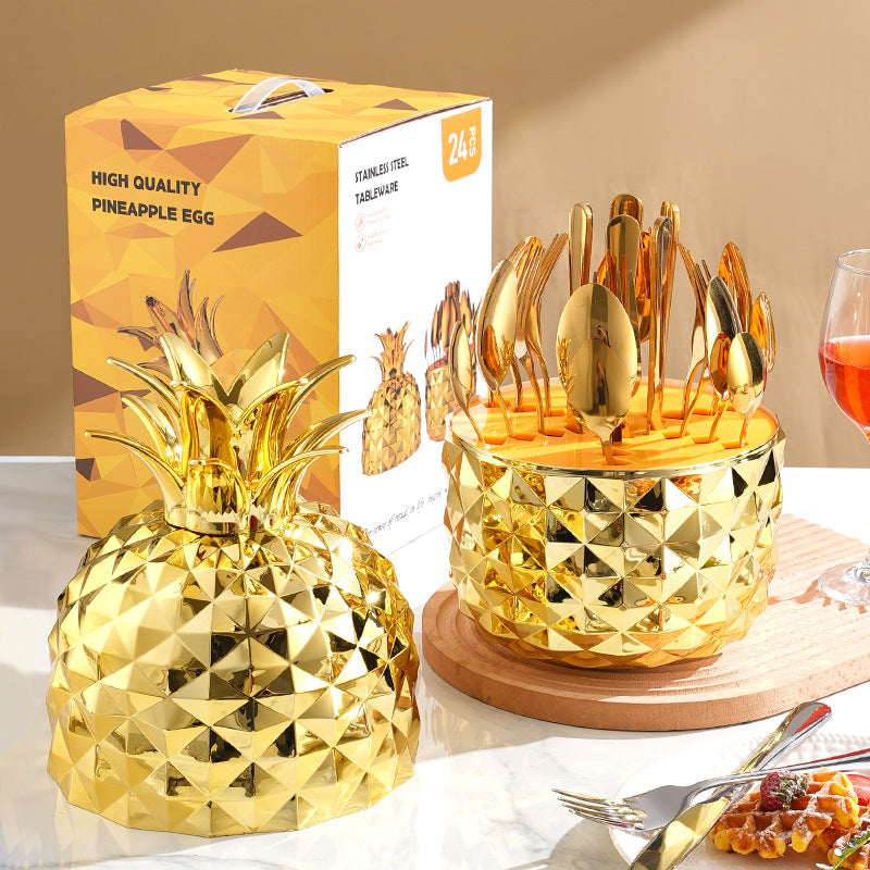 Gold Creative Pineapple-Shaped 410 Stainless Steel 24-Piece Cutlery Set ? Elegant 6-Person Dining Gift Set