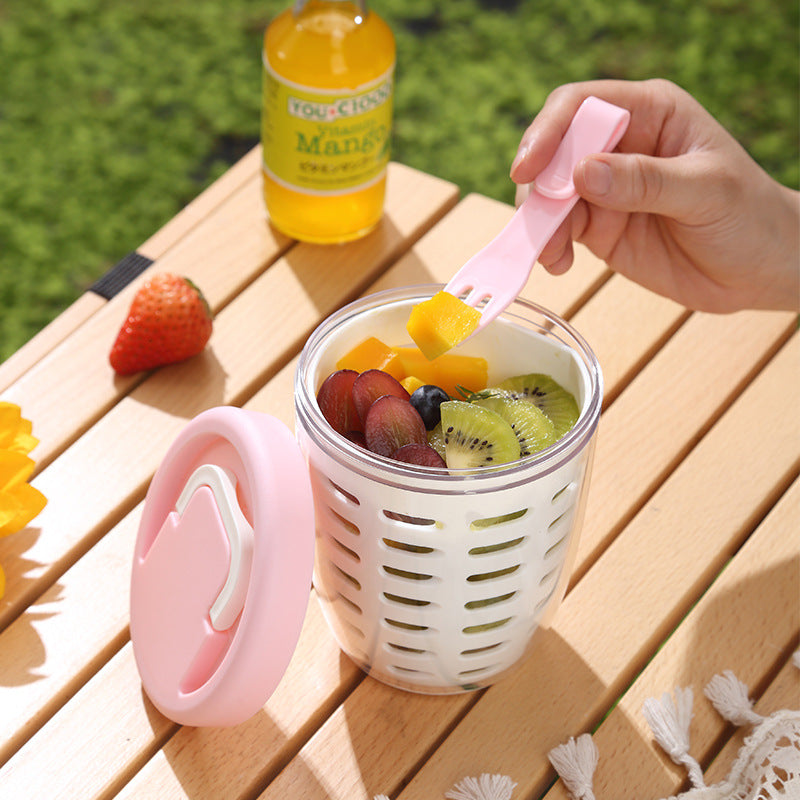2 Pcs Pink Portable Leakproof Fruit and Salad Storage Box with Draining Function, Sealed Fresh-Keeping Bento Lunch Box with Fork, AS+PP+Silicone