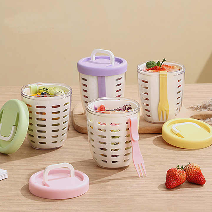 2 Pcs Pink Portable Leakproof Fruit and Salad Storage Box with Draining Function, Sealed Fresh-Keeping Bento Lunch Box with Fork, AS+PP+Silicone