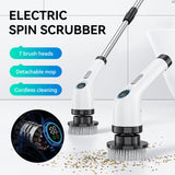 Black and white 9-in-1 Cordless Electric Cleaning Brush with Rechargeable Battery and Extendable Handle, Multi-Function Scrubber for Kitchen, Bathroom, and Home Cleaning - Top-Down View
