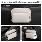 Brown PU Leather Car Storage Organizer with Dual Charging Holes and Inner Mesh Pocket, Multi-functional Door Handle Hanging Bag for Phones and Accessories, Lightweight and Durable - Side View