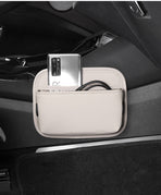 Beige PU Leather Car Storage Organizer with Dual Charging Holes and Inner Mesh Pocket, Multi-functional Door Handle Hanging Bag for Phones and Accessories, Lightweight and Durable