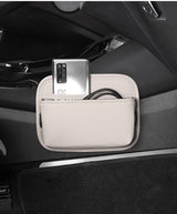 Off White PU Leather Car Storage Organizer with Dual Charging Holes and Inner Mesh Pocket, Multi-functional Door Handle Hanging Bag for Phones and Accessories, Lightweight and Durable - Front View