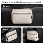 Beige PU Leather Car Storage Organizer with Dual Charging Holes and Inner Mesh Pocket, Multi-functional Door Handle Hanging Bag for Phones and Accessories, Lightweight and Durable