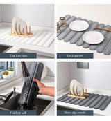 Light Gray Square Engraved Inner Frame Foldable Diatomaceous Earth Drying Mat - Super Absorbent, Fast-Drying, Non-Slip Kitchen Countertop Mat - Top-Down View
