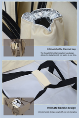 Grey-Brown Patchwork Multifunctional Foldable Baby Crib Mommy Bag | Large Capacity Diaper Bag | Portable Shoulder and Handheld Baby Essentials Bag - Side View