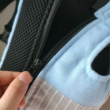 Size S Blue-Gray Patchwork Pet Backpack Dog Carrier Cat Travel Bag - Breathable, Portable & Hands-Free Four-Leg Design - Side View