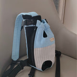 Size XXL Blue-Gray Patchwork Pet Backpack Dog Carrier Cat Travel Bag - Breathable, Portable & Hands-Free Four-Leg Design - Front View
