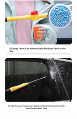 Yellow and Black Rotating Car Washing Brush with Foam Sprayer, High-Pressure Cleaning Tool, 5m Hose Kit for Convenient Vehicle Cleaning - Top-Down View