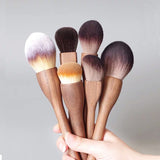Three-color Flame Large Powder Brush Walnut Wood Makeup Brush Set - Powder, Blush, and Contour Brushes with Soft Fiber Bristles - Top-Down View