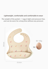 Cherry Pattern Beige Soft and Safe Silicone Baby Feeding Set – Bib, Bowl, and Spoon Combo for Mess-Free Meals - Top-Down View