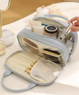 Blue Premium PU Leather Portable Makeup Bag - Large Capacity Waterproof Travel Cosmetic Organizer(Cosmetics are shooting props, not included) - Rear View