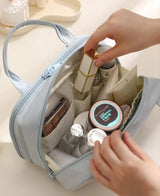 Blue Premium PU Leather Portable Makeup Bag - Large Capacity Waterproof Travel Cosmetic Organizer(Cosmetics are shooting props, not included) - Low Angle