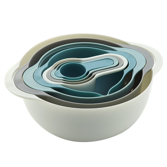 Blue 8-Piece Baking Tool Set ??Measuring Cups, Spoons, Rainbow Mixing Bowls, Vegetable Washing Basket, and Flour Sifter