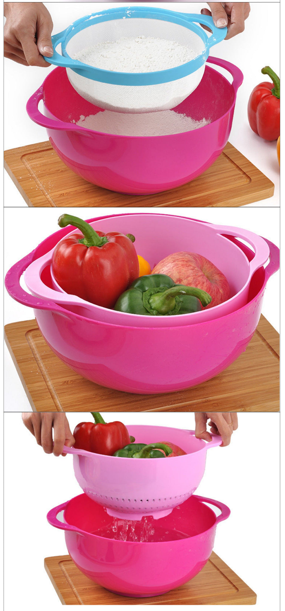 Blue 8-Piece Baking Tool Set ??Measuring Cups, Spoons, Rainbow Mixing Bowls, Vegetable Washing Basket, and Flour Sifter
