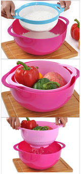 Light Pink 8-Piece Baking Tool Set - Measuring Cups, Spoons, Rainbow Mixing Bowls, Vegetable Washing Basket, and Flour Sifter - 45-Degree Angle