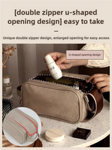 White Large Capacity Makeup Organizer Bag - Travel-Friendly Double-Zip Cosmetic Storage Case for Women(Makeup items are shooting props and are not included) - Rear View