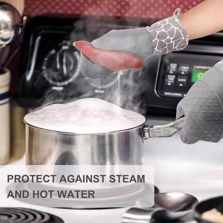Grey 4-Piece Set High-Temperature Resistant Silicone and Cotton Oven Mitts and Pot Holders Set ??Heat-Resistant, Non-Slip, Food-Grade Kitchen Gloves for Baking, Cooking, and Grilling