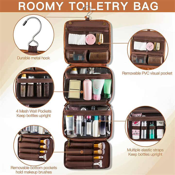 Coffee Luxury PU Business Travel Toiletry Bag - Large Capacity Waterproof Makeup Organizer with Dividers - Portable & Stylish Bathroom Storage