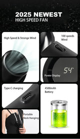 Black Portable Neck Fan, Adjustable Speed & 230° Rotation, Rechargeable 4500mAh Battery, Quiet Operation with Type-C Charging - Summer Cooling Solution - 45-Degree Angle