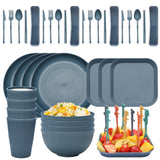 Four-person Set Blue Eco-Friendly Wheat Straw Dinnerware Set, Plate, Bowl, Cup & Utensil Set - Lightweight, Reusable, and Durable for Home, School, and Travel