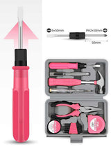 13-Piece Pink Household Tool Set, Complete Home Repair Kit with Tape Measure, Screwdrivers, Hammer, and Pliers - Top-Down View