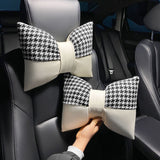 1 Pair (Headrest + Pillow) Black Cute Bowtie Car Headrest Pillow and Waist Cushion Set, Stylish Houndstooth Design, Soft Neck and Back Support for Car Interior - Front View