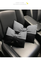 1 Pair (Headrest + Pillow) Black Cute Bowtie Car Headrest Pillow and Waist Cushion Set, Stylish Houndstooth Design, Soft Neck and Back Support for Car Interior - Close-Up Angle