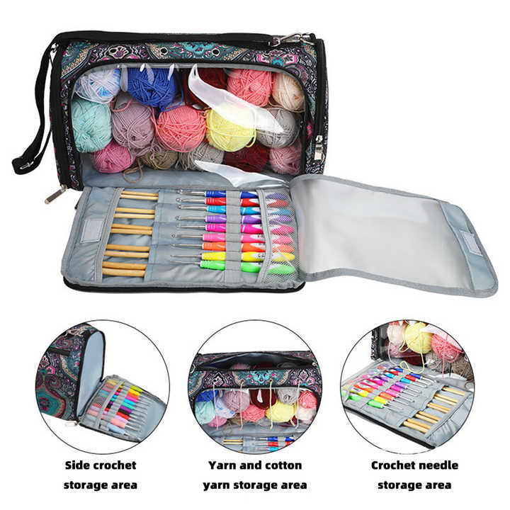 Leaf pattern Multi-Functional Crochet Hook and Yarn Storage Bag - Convenient Carrying Case for Crochet, Knitting Tools, and Yarn, with Stylish Pattern