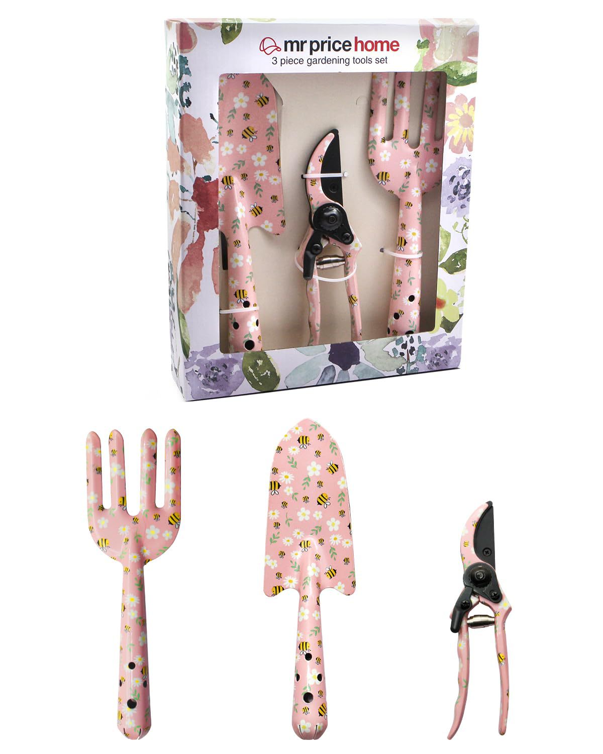 Pink 3-Piece Floral Print Garden Tool Set ??Carbon Steel Pruner, Cultivator & Trowel for Gardening