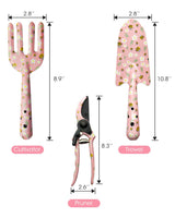 Pink 3-Piece Floral Print Garden Tool Set – Carbon Steel Pruner, Cultivator & Trowel for Gardening - Front View