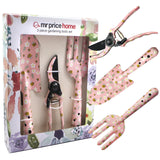 Pink 3-Piece Floral Print Garden Tool Set – Carbon Steel Pruner, Cultivator & Trowel for Gardening - 45-Degree Angle