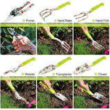 Green 9-Piece Floral Garden Tool Set for Women – Complete Gardening Kit with Tote Bag, Pruners, and Gloves - Front View