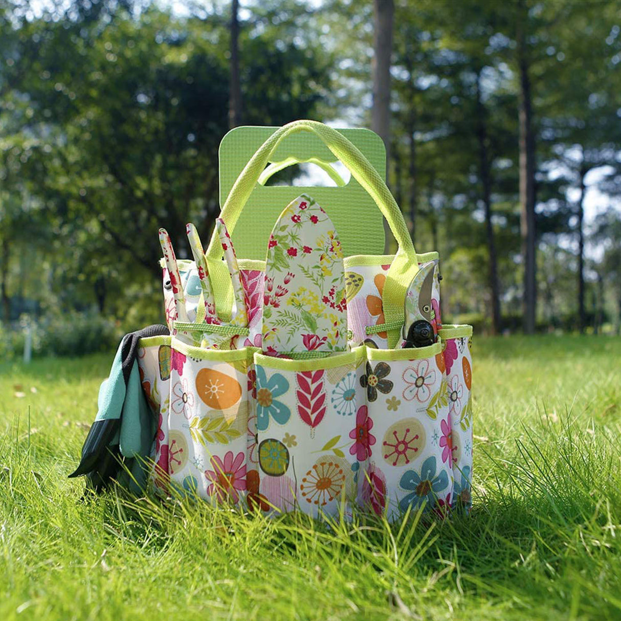 Green 9-Piece Floral Garden Tool Set for Women ??Complete Gardening Kit with Tote Bag, Pruners, and Gloves