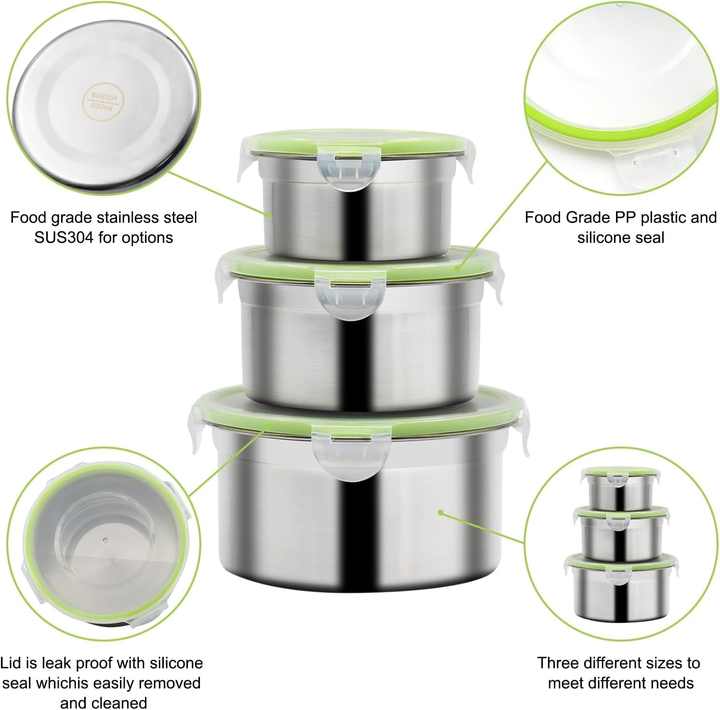 Brown 3-Piece 304 Stainless Steel Food Storage Set with Leak-Proof Lids ??Round Design for Fridge and Meal Prep