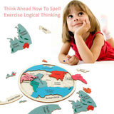 Colorful Wooden World Map Puzzle – 7 Continents Educational Geography Toy for Kids - Top-Down View