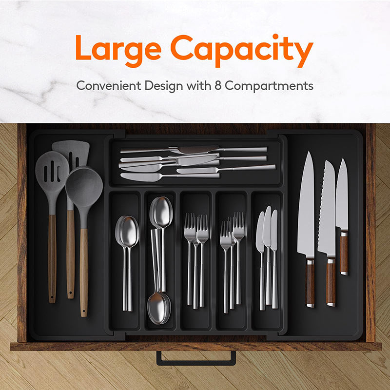 Black Adjustable Polypropylene Kitchen Drawer Organizer ??8 Compartments, Large Capacity, Easy to Clean