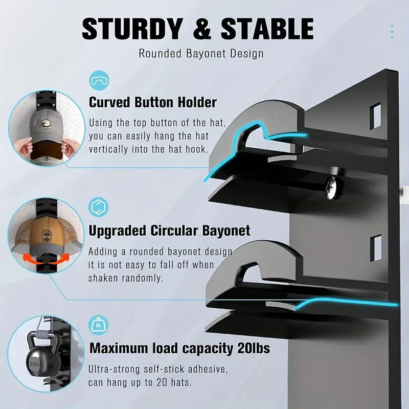 1 Pcs Black Adjustable Hat Organizer Rack for Baseball Caps - Space Saving Wall-Mounted Hat Storage with 2 Hanging Methods for Display and Storage(