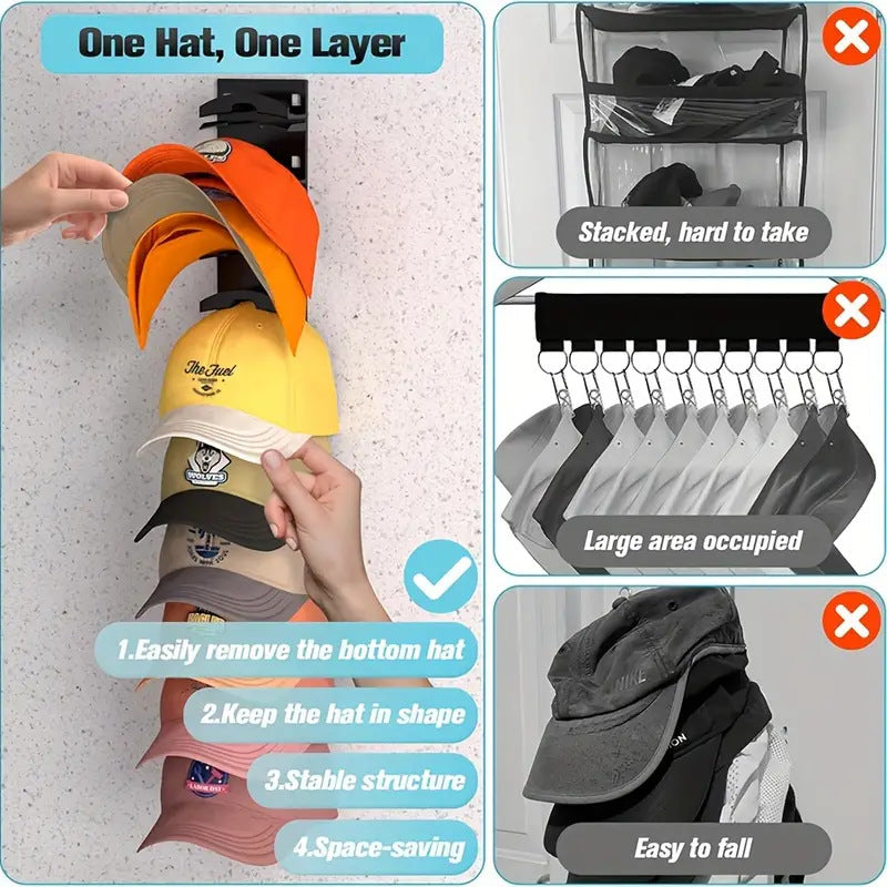 1 Pcs Black Adjustable Hat Organizer Rack for Baseball Caps - Space Saving Wall-Mounted Hat Storage with 2 Hanging Methods for Display and Storage(