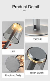 Silver Stylish Transparent Desk Lamp with Touch Control, LED, Type-C Charging - Simple and Modern Design - 45-Degree Angle